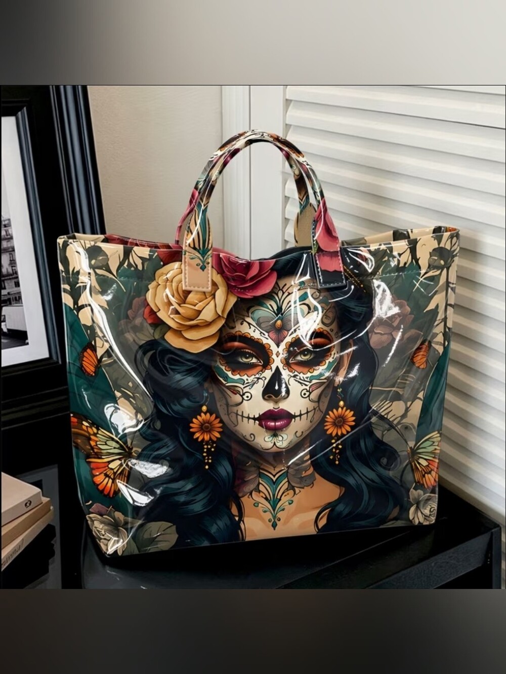 Women Day Of The Dead Sugar Skull PVC Tote Large - Picture 4 of 4